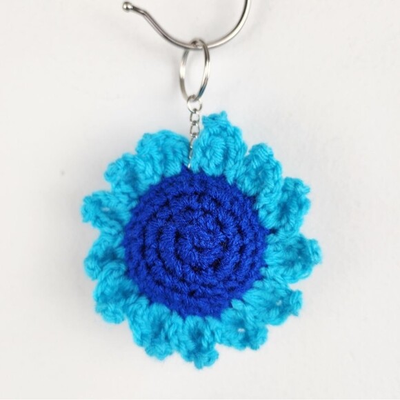 New Crochet Blue Light Blue Flower Keychain Handmade Handcrafted - Picture 5 of 5